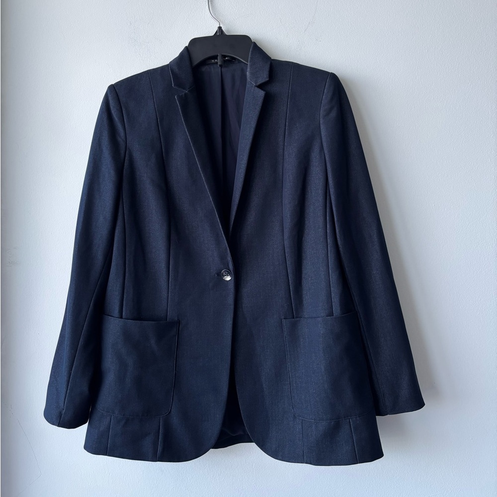 Tahari Blazer Dark Blue Chambray Notch Collar Women 8 Office Minimalist Classic